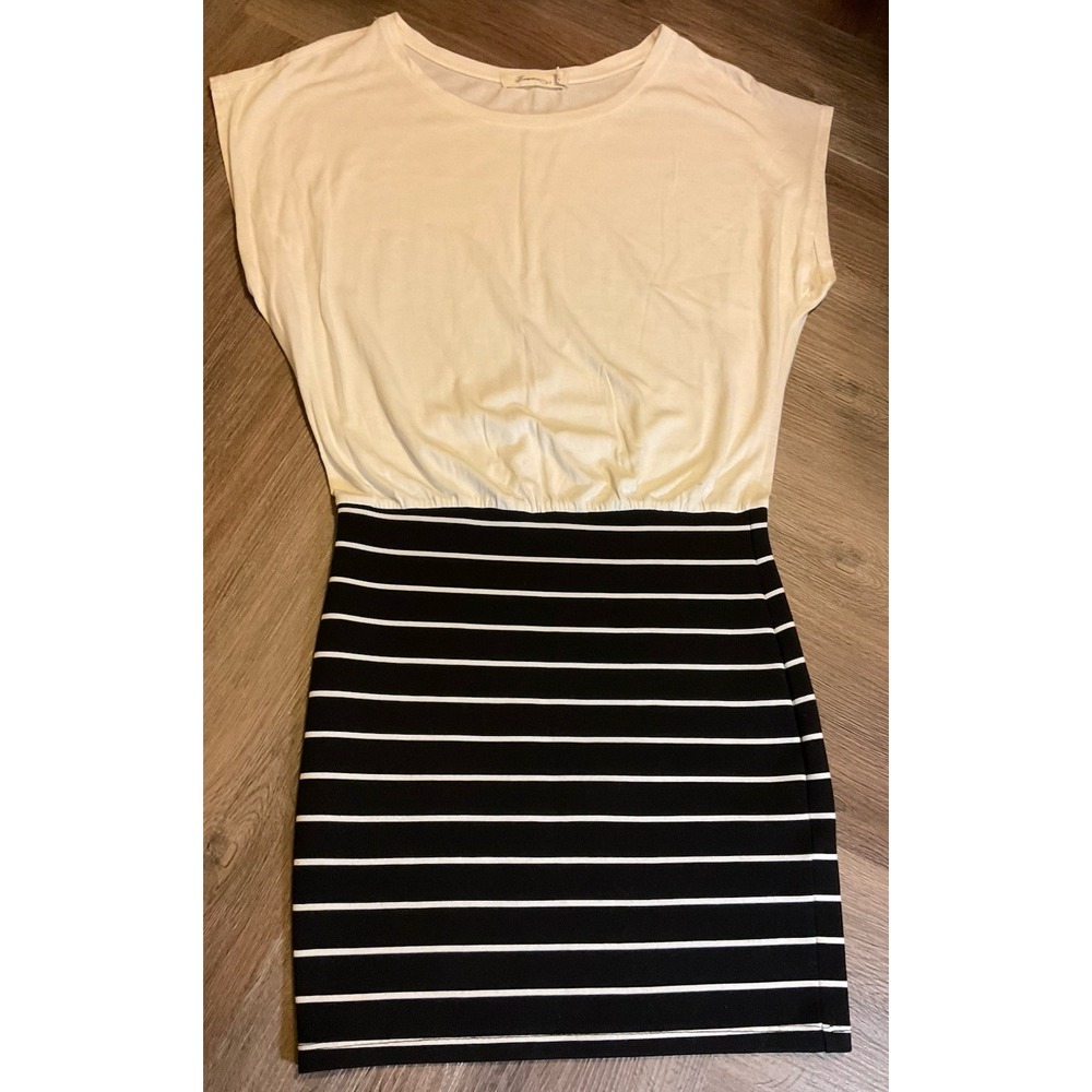 Forever 21 Womens Blouson Shirt Dress Small Black White Striped Stretchy Skirt